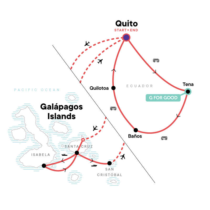 Map of the route for Ecuador to Galápagos: Jungle Beats & Island Heat