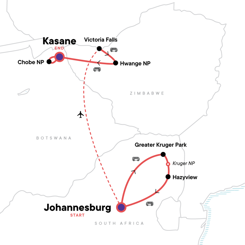Map of the route for Southern Africa Safari: Kruger, Victoria Falls, Hwange & Chobe