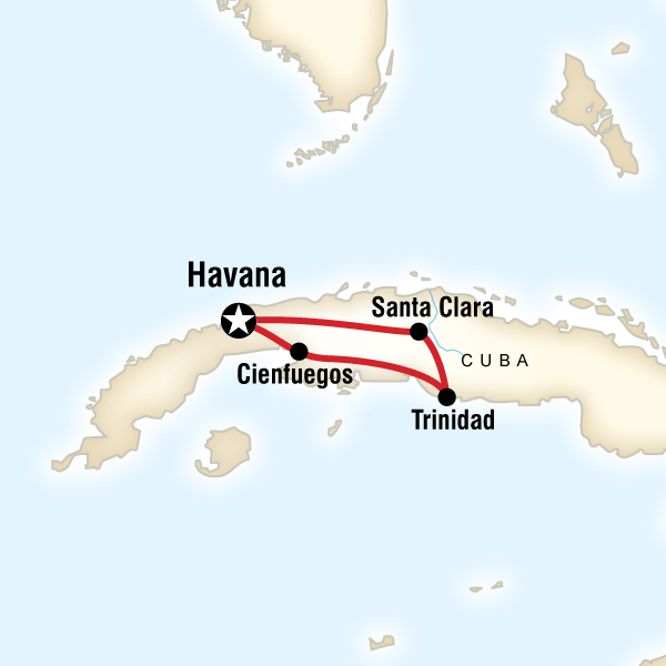 Map of the route for Central Cuba Adventure