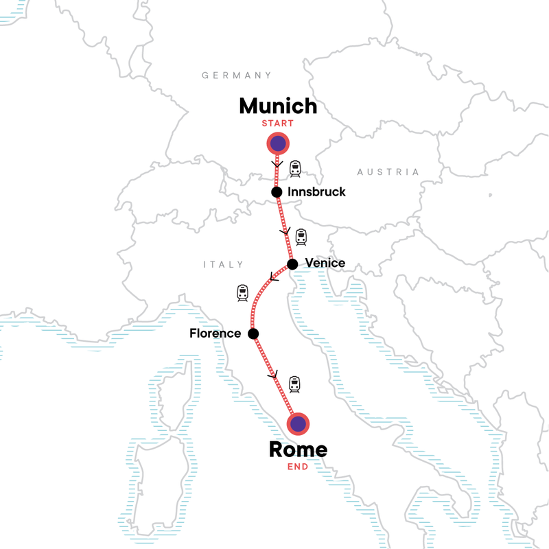 Map of the route for Western and Central Europe: Venice, the Alps & the Flavours of Rome