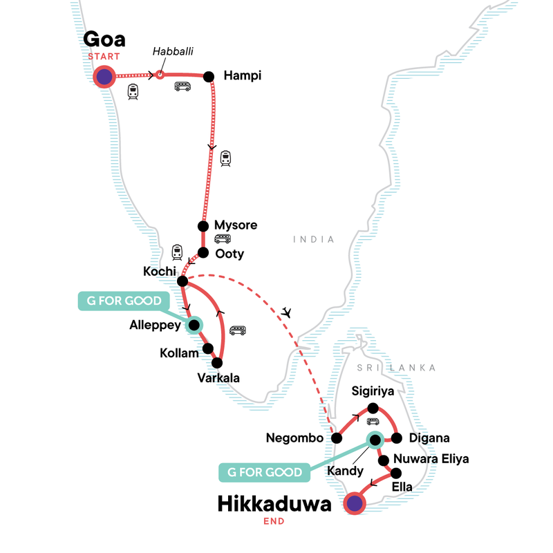 Map of the route for India to Sri Lanka: Spice Gardens & Goa's Beaches