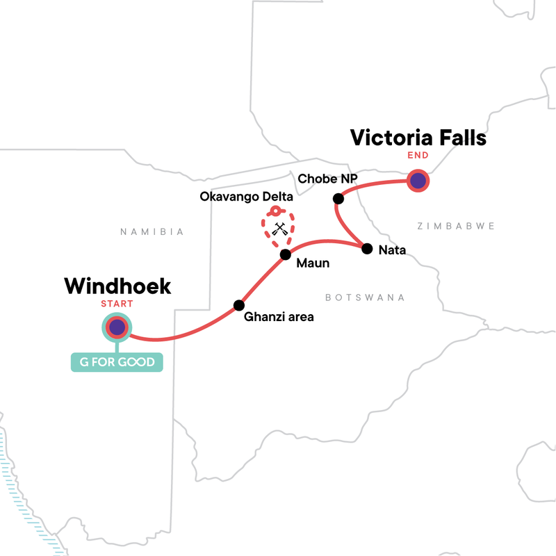 Map of the route for Botswana & Victoria Falls Adventure