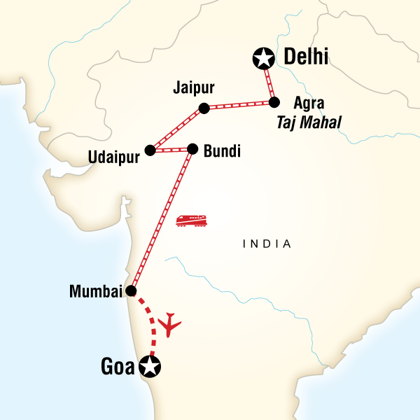 Map of the route for West Coast India & Rajasthan by Rail