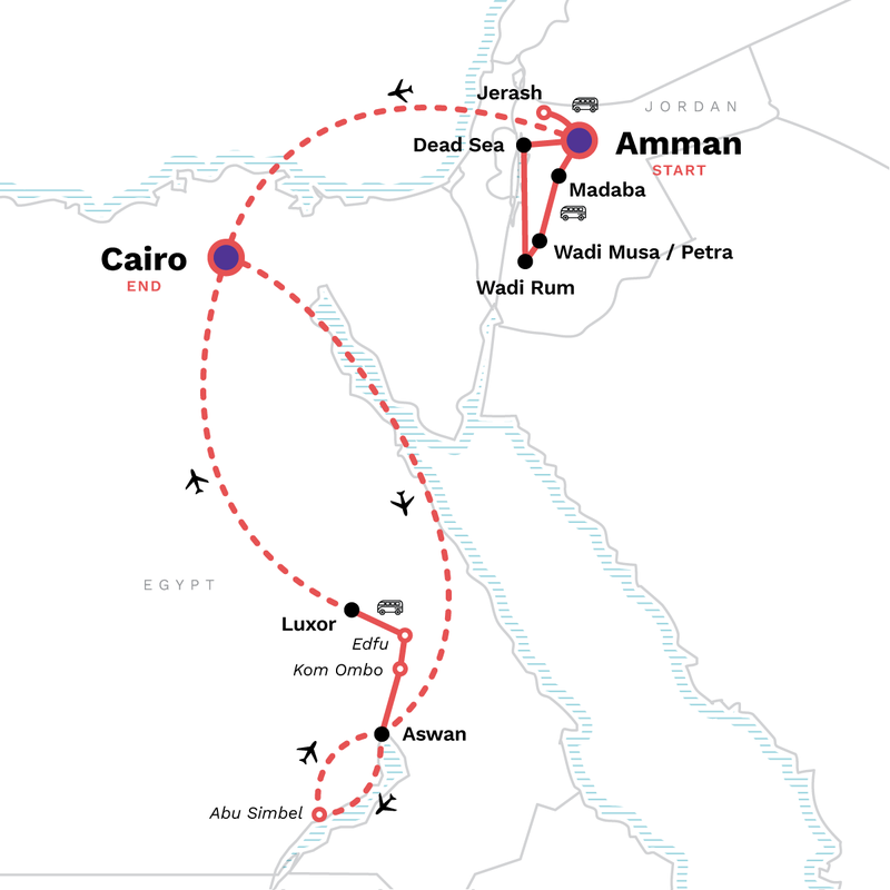 Map of the route for Uncover Jordan & Egypt