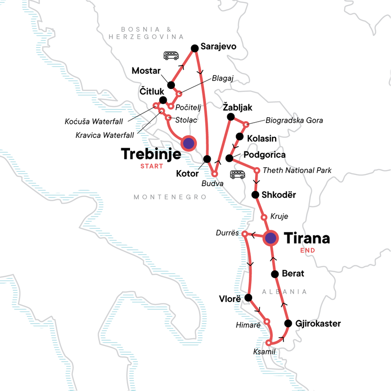 Map of the route for Classic Balkans: Bosnia & Herzegovina to Albania