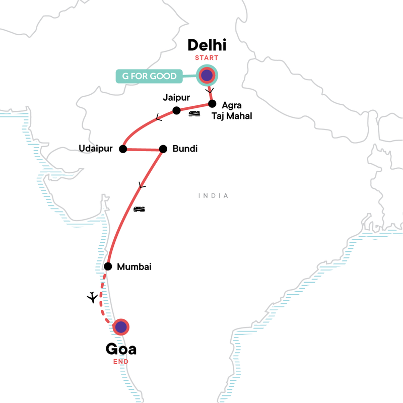 Map of the route for West Coast India & Rajasthan by Rail