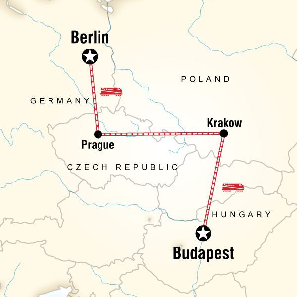 Map of the route for Budapest to Berlin: Graffiti Walls & Market Halls