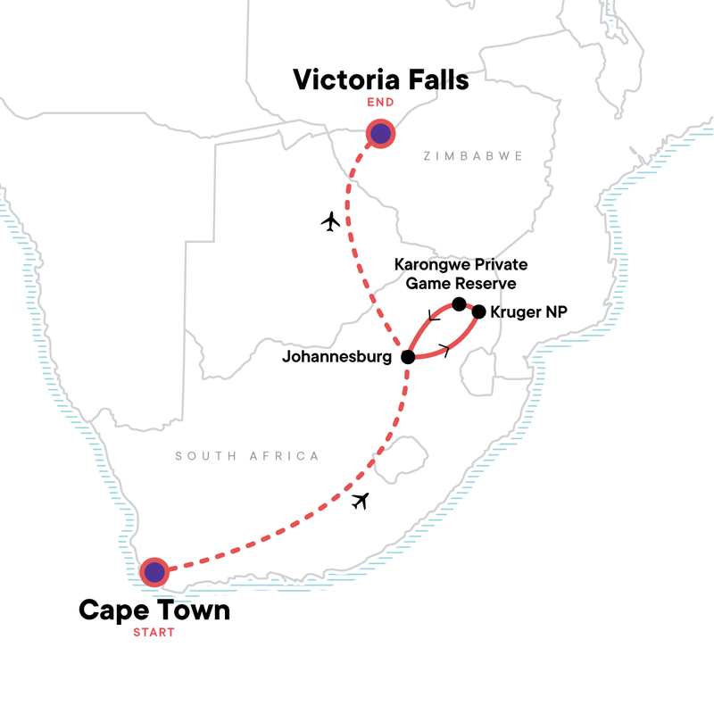Map of the route for Southern Africa Adventure
