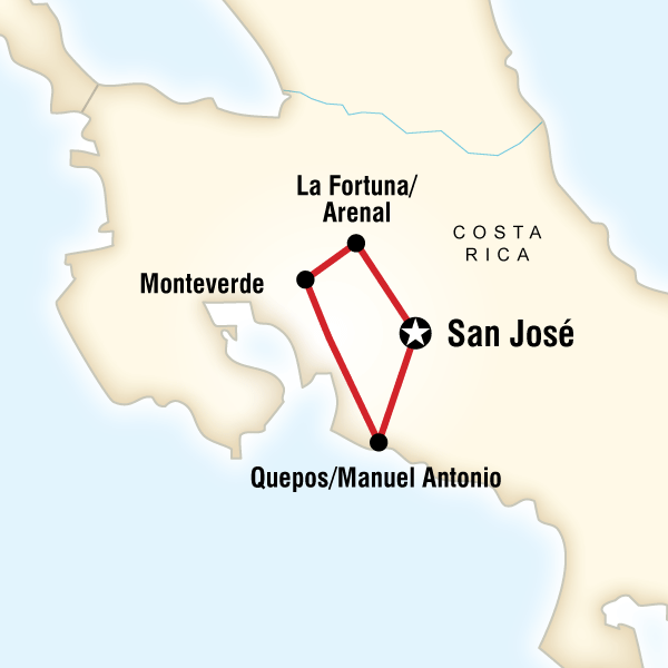 Map of the route for Costa Rica Quest - Teenage Adventure