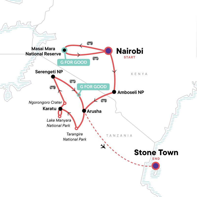 Map of the route for Kenya & Tanzania: Maasai Mara, Serengeti & Zanzibar Highlights