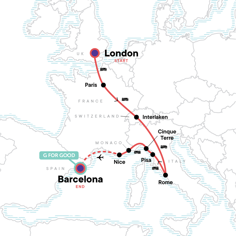 Map of the route for London to Barcelona: Tapas & Train Rides