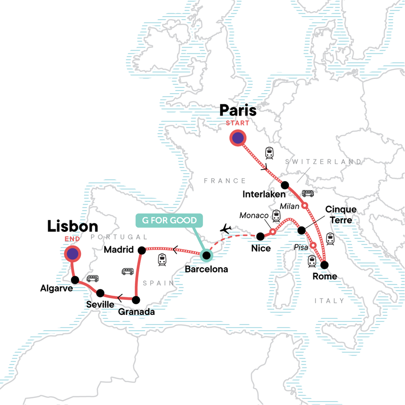 Map of the route for Paris to the Mediterranean: Coasts & Cafés