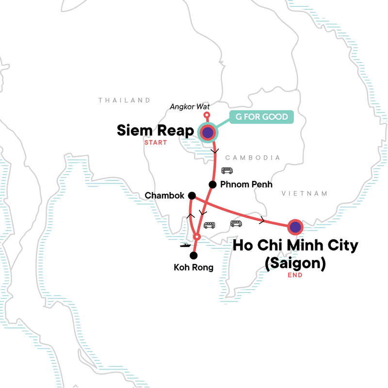 Map of the route for Cambodia to Vietnam: Temples, Koh Rong Beaches & Big City Buzz