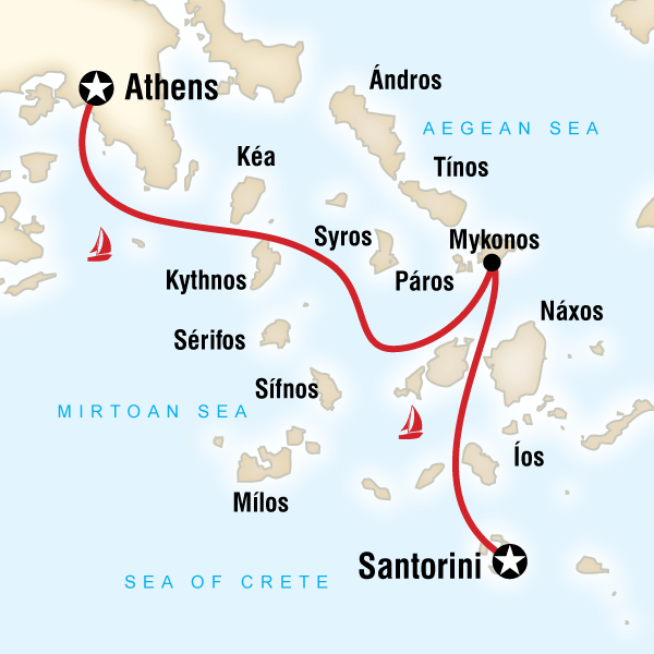 Map of the route for Sailing Greece - Santorini to Athens