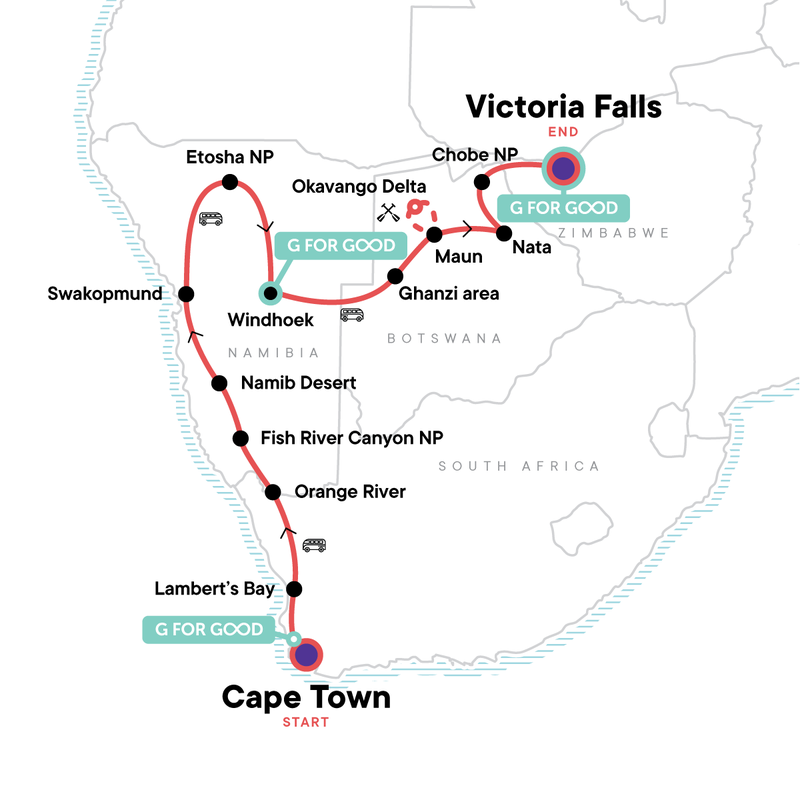 Map of the route for Cape Town to Victoria Falls Adventure