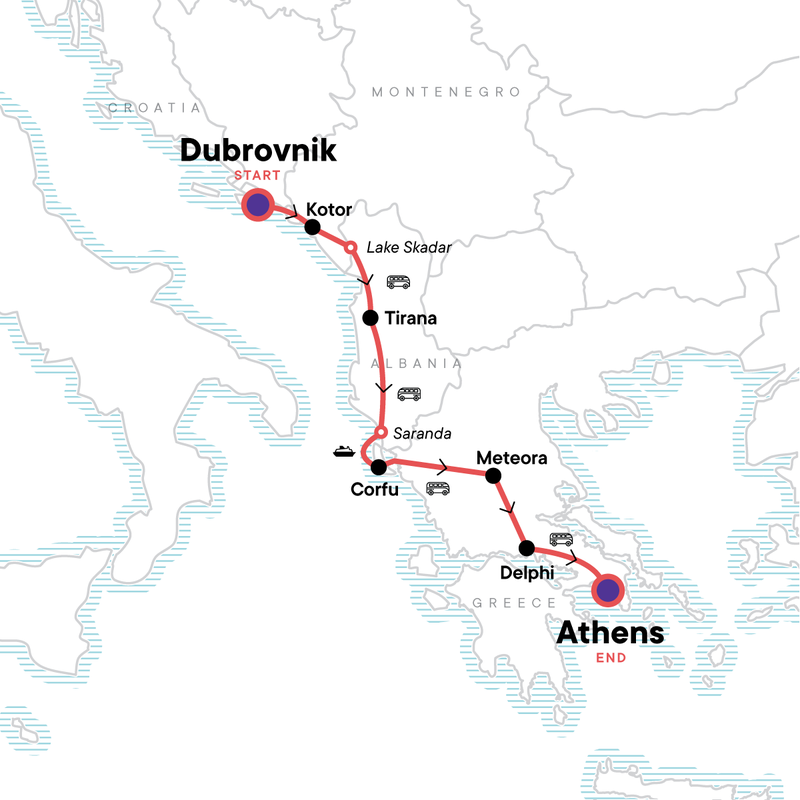 Map of the route for Southern Europe: Croatia, Montenegro & Ancient Greece