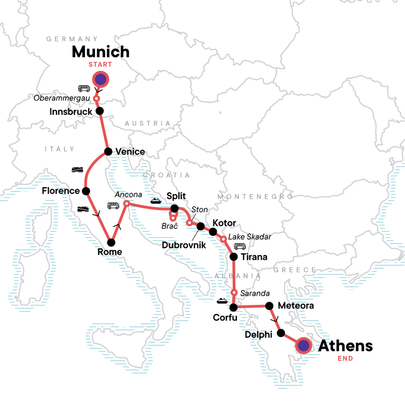 Map of the route for Total Europe: Austria, the Mediterranean & Ancient Athens