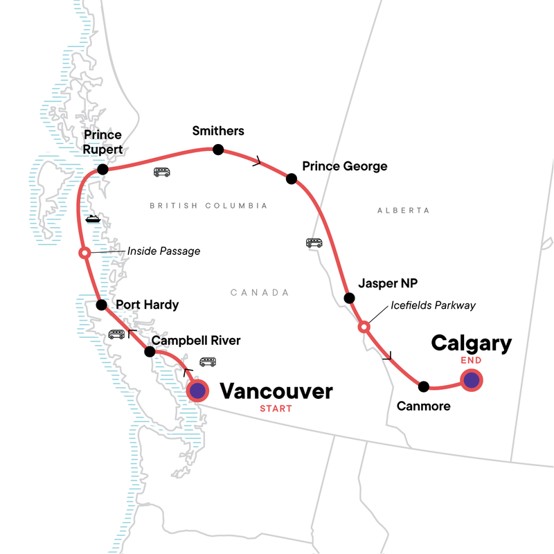 Map of the route for Vancouver Island & Northern Rockies