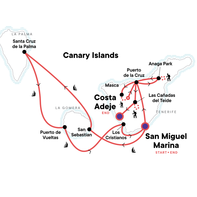 Map of the route for Sail and Hike the Canary Islands