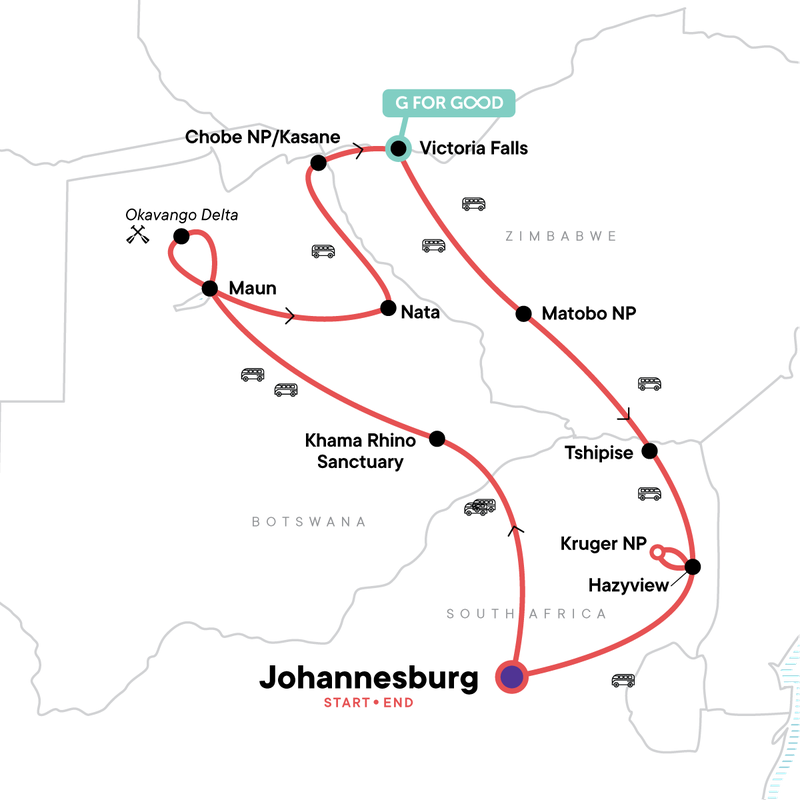 Map of the route for Southern Africa Encompassed: Bush Camps & Wildlife Spotting