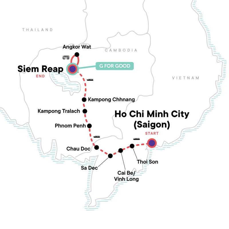 Map of the route for Mekong River Encompassed – Ho Chi Minh City to Siem Reap