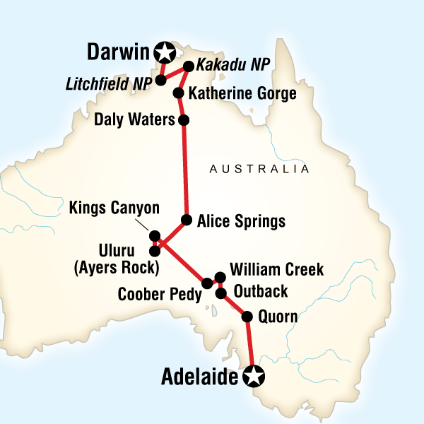 Map of the route for Outback to the Top End–Adelaide to Darwin