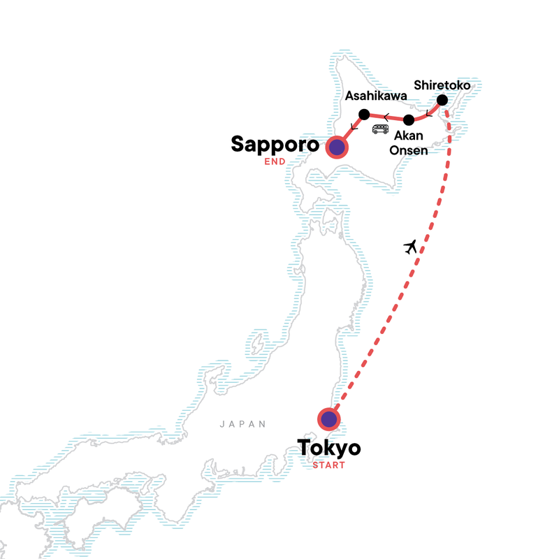 Map of the route for Active Northern Japan: Winter in Tokyo & Hokkaido