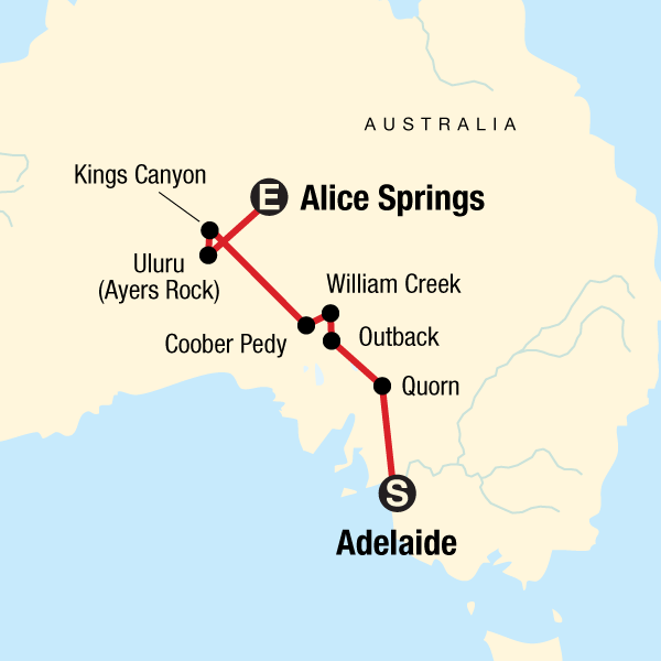 Map of the route for Outback to the Red Centre–Adelaide to Alice Springs