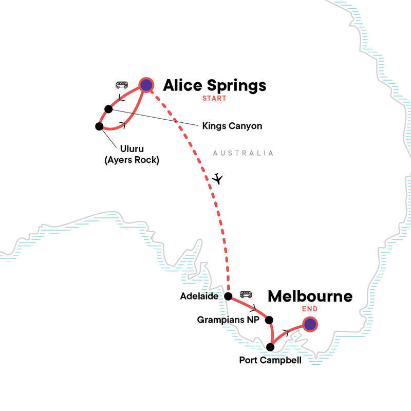 Map of the route for The Red Centre to Melbourne: Camping & Canyons