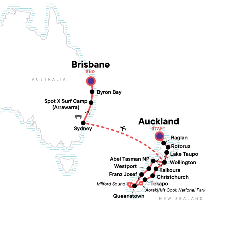 Map of the route for Australia and New Zealand: Surf, Sun & Epic Parks