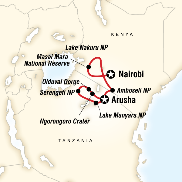 Map of the route for Safari in Kenya & Tanzania