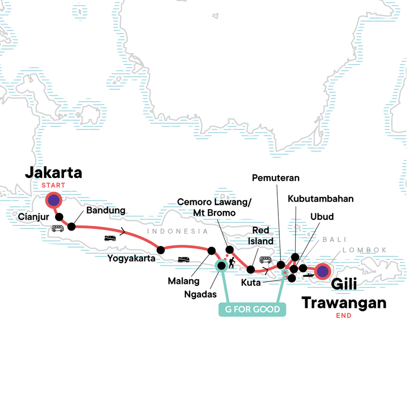 Map of the route for Indonesia Adventure: Java & Bali