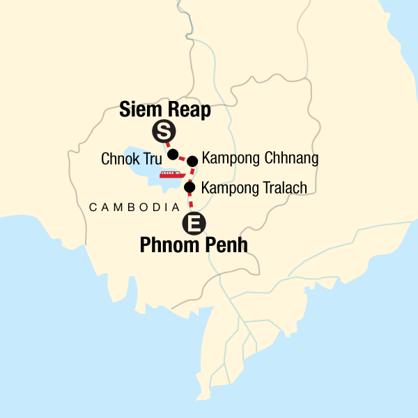 Map of the route for Mekong River Adventure – Phnom Penh to Siem Reap