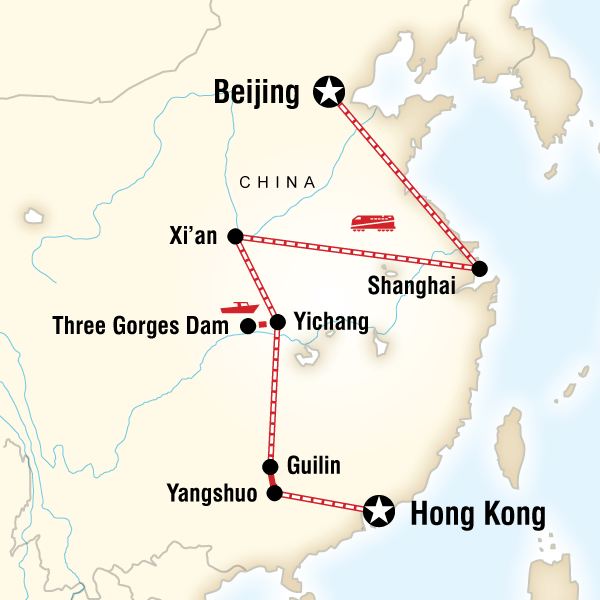 Map of the route for China on a Shoestring–Hong Kong to Beijing