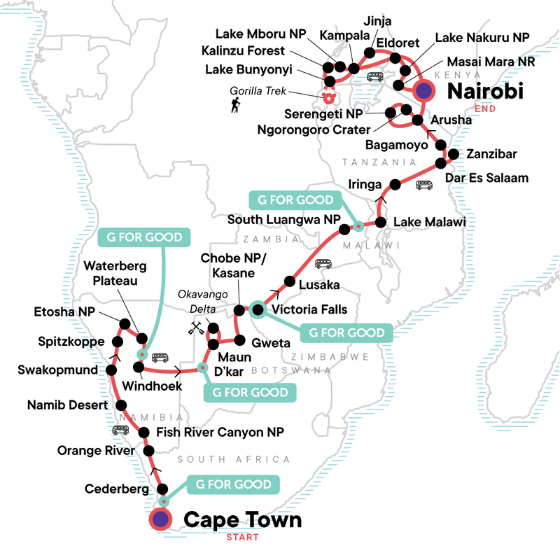 Map of the route for Absolute Africa Overland Safari & Participation Camping