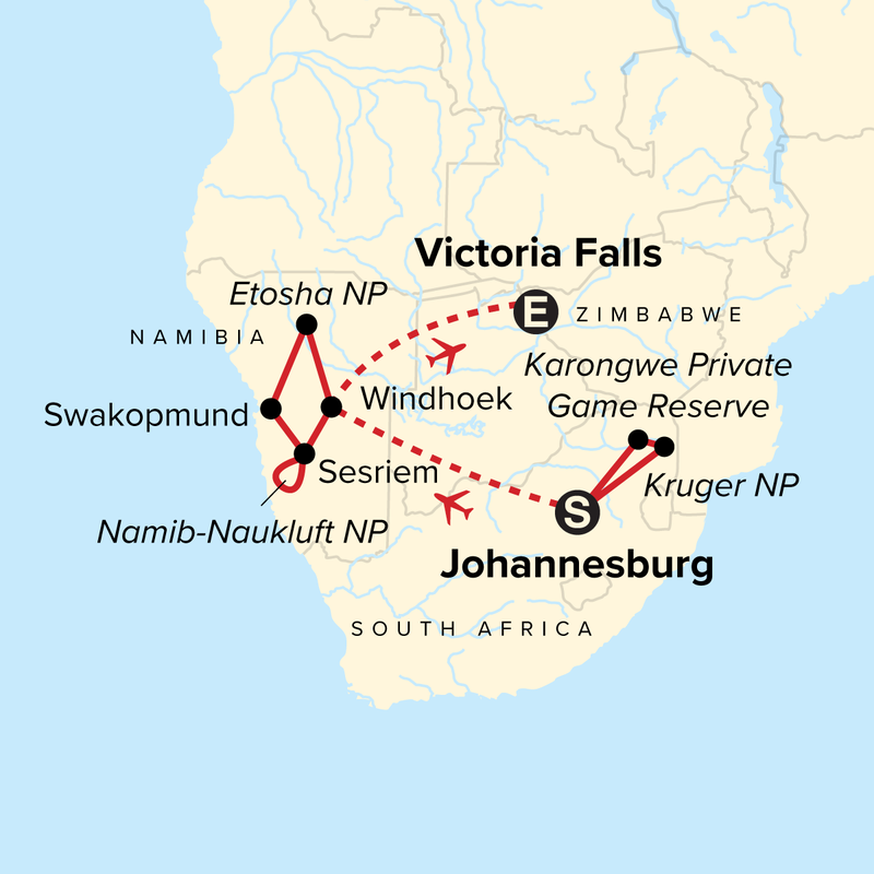 Map of the route for Journeys: Kruger, Victoria Falls & Namibia