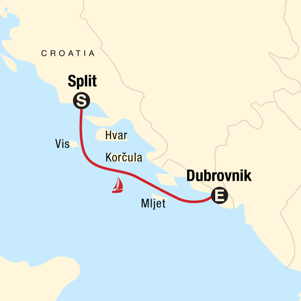 Map of the route for Sailing Croatia - Split to Dubrovnik