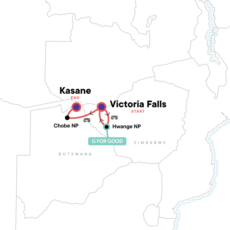 Map of the route for Zimbabwe and Botswana: Chobe, Hwange & the Wildlife of Victoria Falls