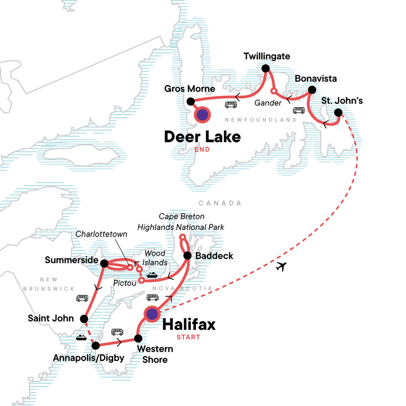 Map of the route for Eastern Canada: Highlights of the Maritimes & Newfoundland