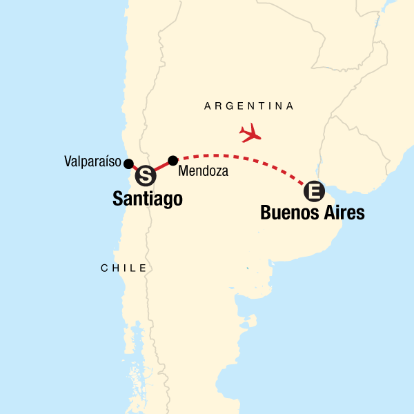 Map of the route for Explore Chile & Argentina