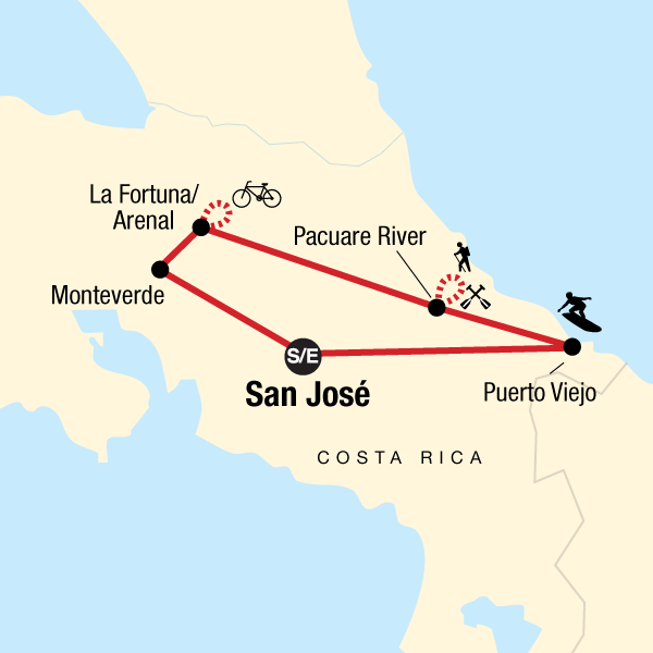 Map of the route for Costa Rica Active Adventure