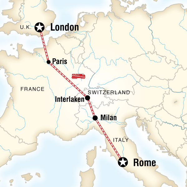 Map of the route for London to Rome: Picnics & Pizza