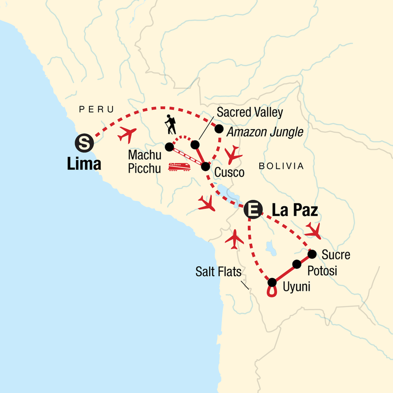 Map of the route for Peru and Bolivia: Machu Picchu to the Salt Flats