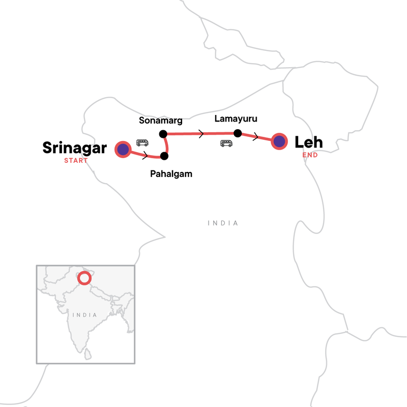 Map of the route for Kashmir to Ladakh: Houseboats & Himalayan Roads