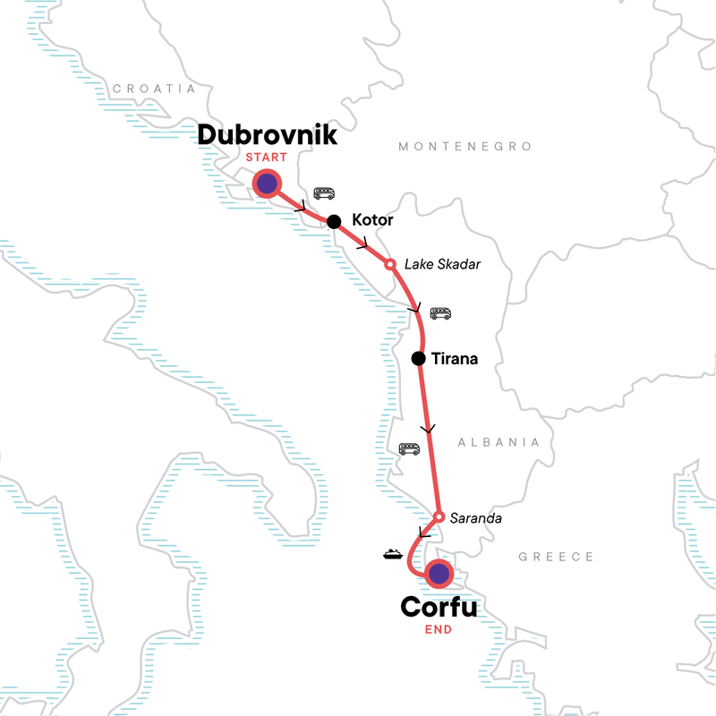 Map of the route for Southern Europe: Montenegro, Corfu & Medieval Fortresses