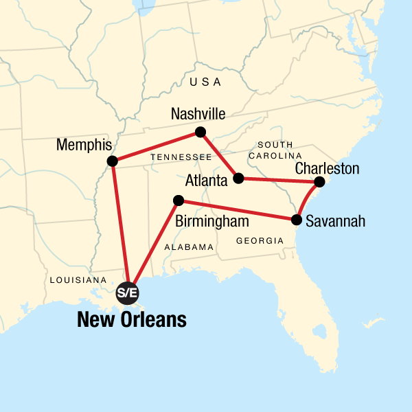 Map of the route for Highlights of the Deep South