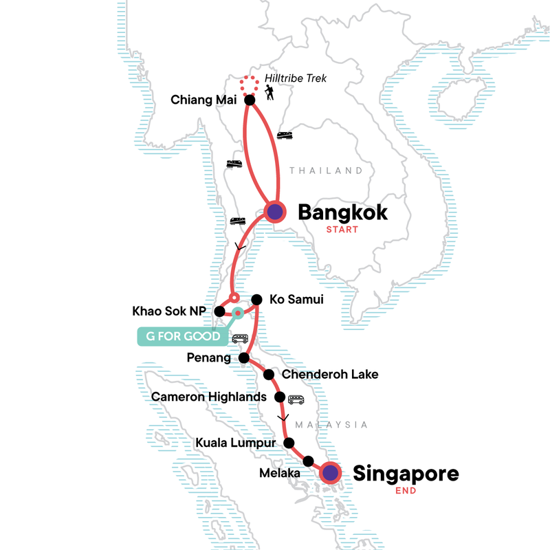 Map of the route for Southeast Asia: Hilltribes & Street Food