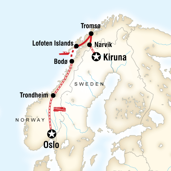 Map of the route for Northern Lights & Arctic Circle by Rail