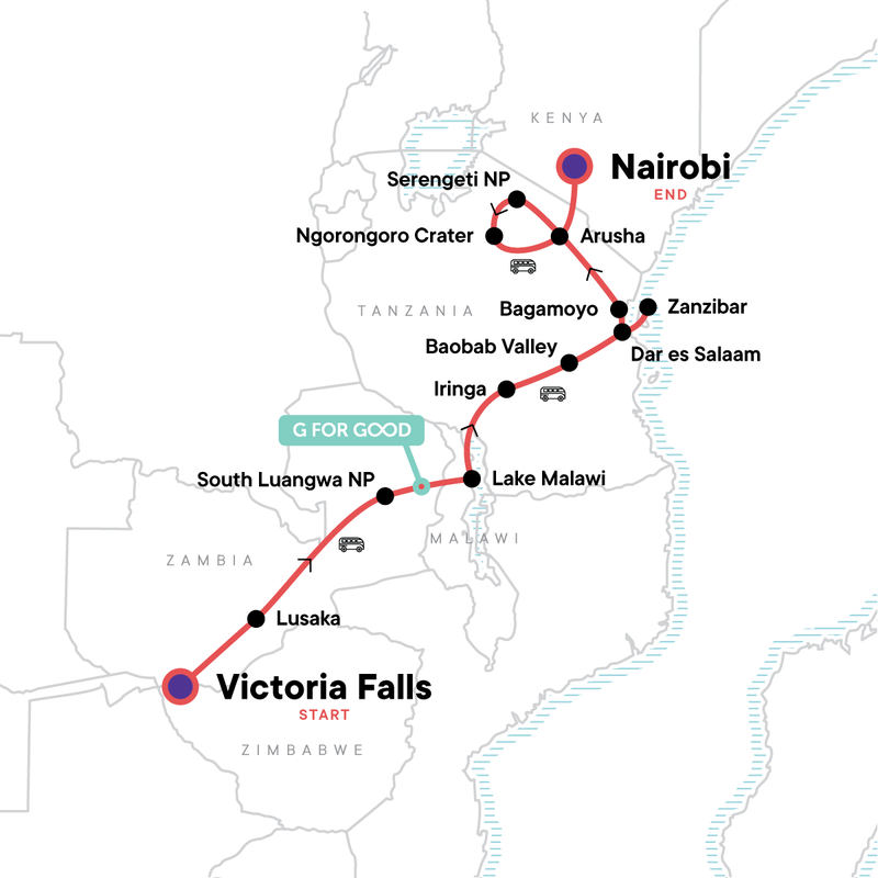 Map of the route for Zimbabwe to Kenya Overland Safari & Participation Camping