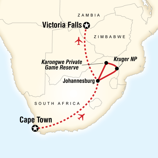 Map of the route for Journeys: Explore Southern Africa